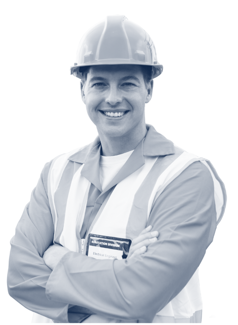 A smiling male construction worker wearing a hard hat and safety vest with his arms crossed. His name badge reads 'Electrical Engineer, Substation Division.' The image is presented in a monochromatic blue tone.